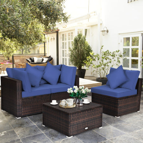 4 Pieces Ottoman Garden Patio Rattan Wicker Furniture Set with Cushion-Navy