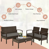 4 Pieces Patio Rattan Cushioned Furniture Set with Loveseat and Table -Brown