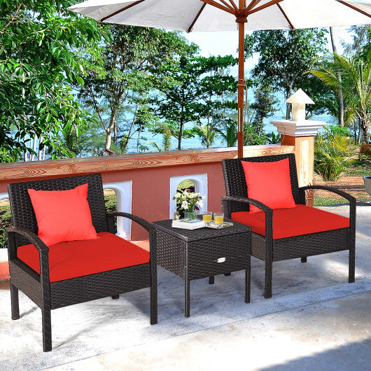 3 Piece PE Rattan Wicker Sofa Set with Washable and Removable Cushion for Patio-Red