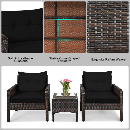 3 Pcs Outdoor Patio Rattan Conversation Set with Seat Cushions-Black