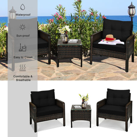 3 Pcs Outdoor Patio Rattan Conversation Set with Seat Cushions-Black