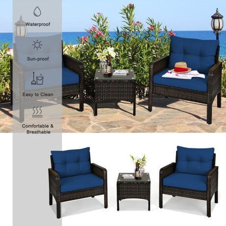 3 Pieces Outdoor Patio Rattan Conversation Set with Seat Cushions-Navy