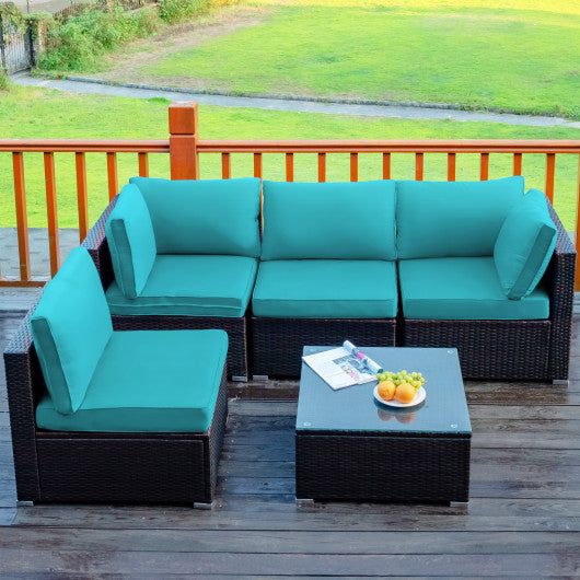 5 Pieces Cushioned Patio Rattan Furniture Set with Glass Table-Turquoise