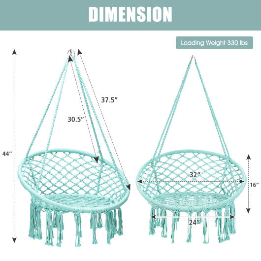 Hanging Macrame Hammock Chair with Handwoven Cotton Backrest-Turquoise