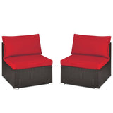 2 Pieces Patio Rattan Armless Sofa Set with 2 Cushions and 2 Pillows-Red