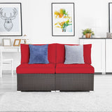 2 Pieces Patio Rattan Armless Sofa Set with 2 Cushions and 2 Pillows-Red