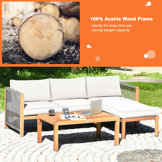 3 Pieces Patio Acacia Wood Sofa Furniture Set with Nylon Rope Armrest-White