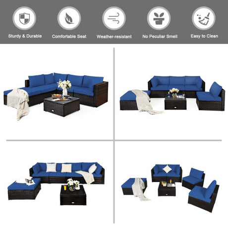 6 Pieces Outdoor Patio Rattan Furniture Set Sofa Ottoman