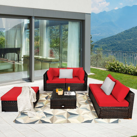 6 Pieces Outdoor Patio Rattan Furniture Set Sofa Ottoman-Red