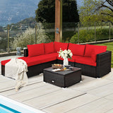 6 Pieces Outdoor Patio Rattan Furniture Set Sofa Ottoman-Red