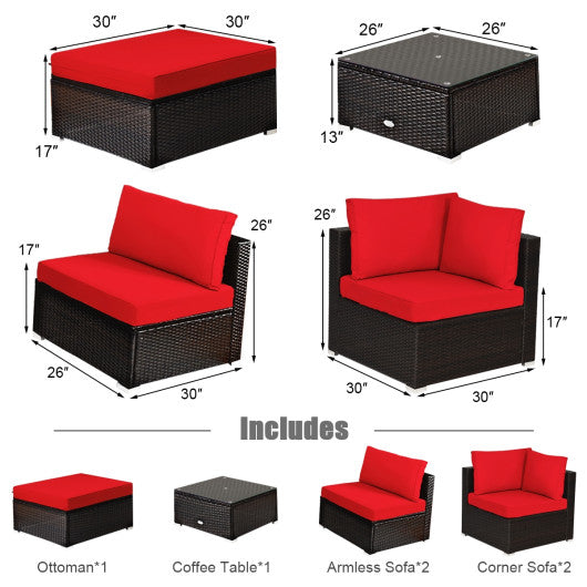 6 Pieces Outdoor Patio Rattan Furniture Set Sofa Ottoman-Red