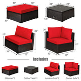 6 Pieces Outdoor Patio Rattan Furniture Set Sofa Ottoman-Red