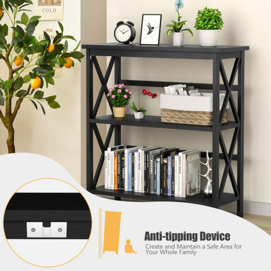 3-Tier Wooden Multi-Functional X-Design Etagere Storage Bookshelf-Black