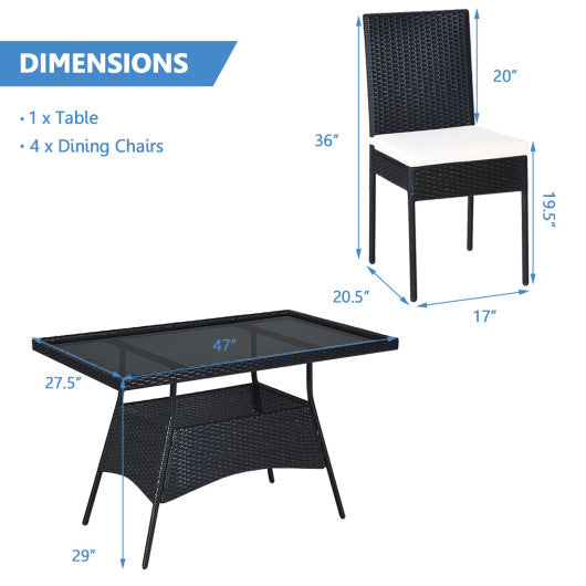 5 Pieces Outdoor Patio Rattan Dining Set with Glass Top with Cushions