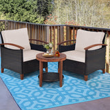 3 Pieces Patio Rattan Furniture Set with Washable Cushion and Acacia Wood Tabletop-Beige