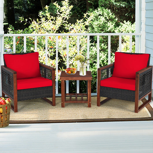 3 Pieces Acacia Wood Patio Furniture Set with Coffee Table-Red