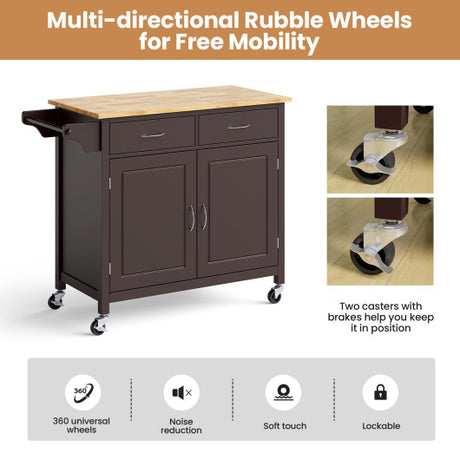 Modern Rolling Kitchen Cart Island with Wooden Top-Brown