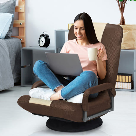 360-Degree Swivel Gaming Floor Chair with Foldable Adjustable Backrest-Brown