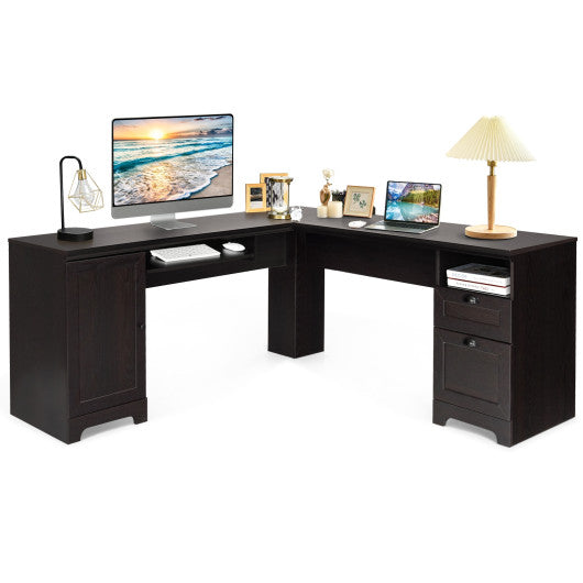 66 Inch L-Shaped Writing Study Workstation Computer Desk with Drawers-Coffee