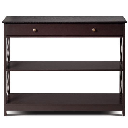 Console Table 3-Tier with Drawer and Storage Shelves-Espresso