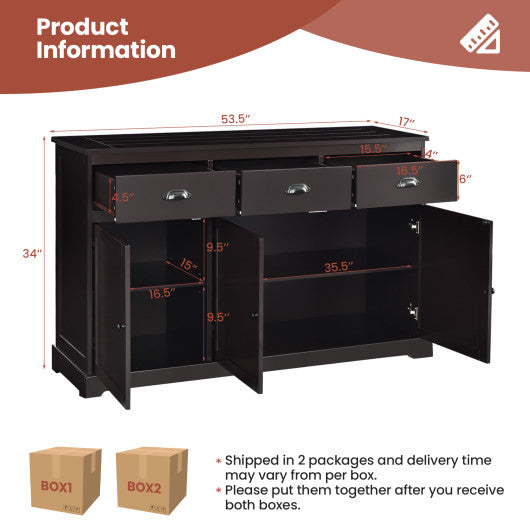 3 Drawers Sideboard Buffet Storage with Adjustable Shelves-Brown