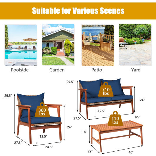 4 Piece  Acacia Wood Patio Rattan Furniture Set-Navy