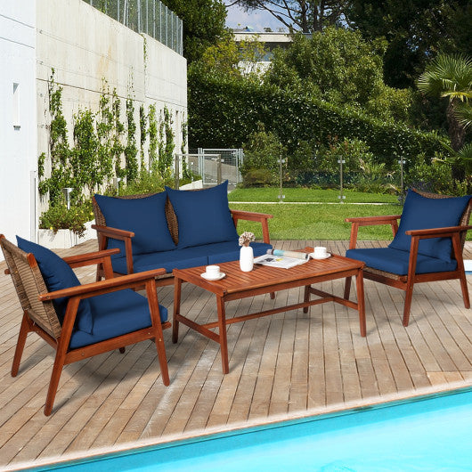 4 Piece  Acacia Wood Patio Rattan Furniture Set-Navy