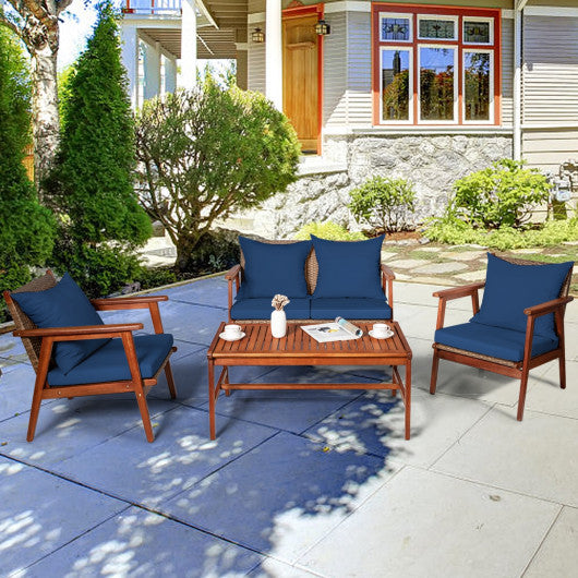 4 Piece  Acacia Wood Patio Rattan Furniture Set-Navy