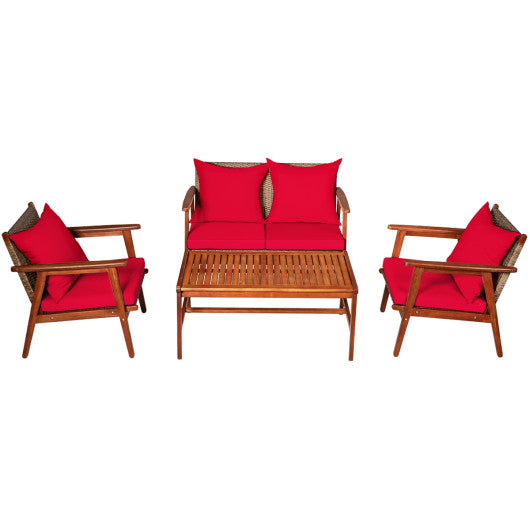 4 Piece  Acacia Wood Patio Rattan Furniture Set-Red