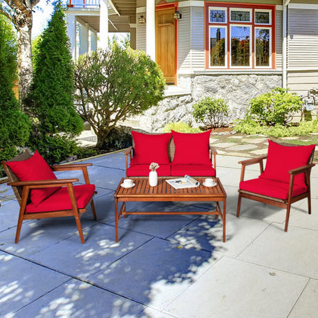 4 Piece  Acacia Wood Patio Rattan Furniture Set-Red