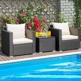 3 Pieces Patio Wicker Conversation Set with Cushion-White