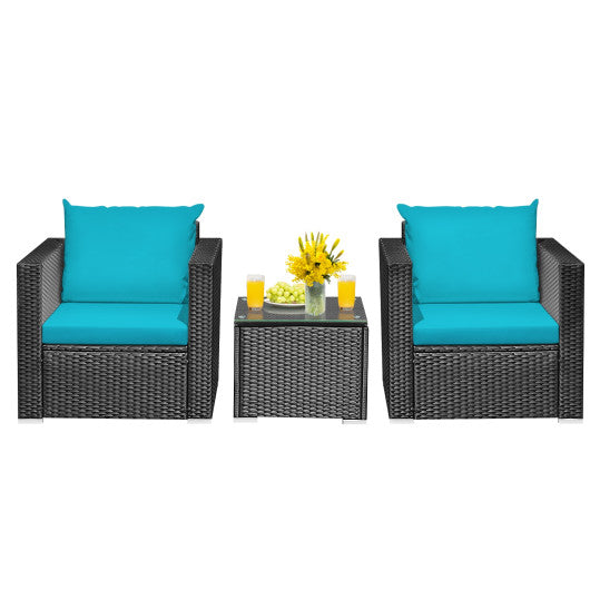 3 Pieces Patio Wicker Conversation Set with Cushion-Turquoise