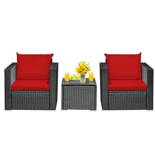 3 Pieces Patio Wicker Conversation Set with Cushion-Red