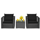 3 Pieces Patio Wicker Conversation Set with Cushion-Black