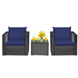 3 Pieces Patio Wicker Conversation Set with Cushion-Navy