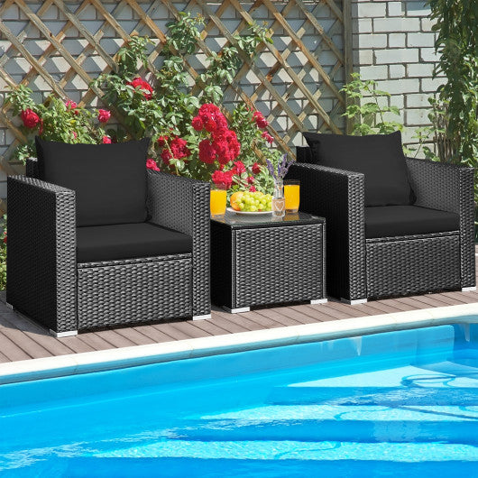 3 Pieces Patio Wicker Conversation Set with Cushion-Black