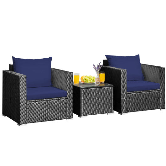 3 Pieces Patio Wicker Conversation Set with Cushion-Navy