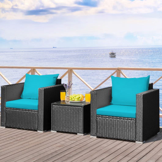 3 Pieces Patio Wicker Conversation Set with Cushion-Turquoise