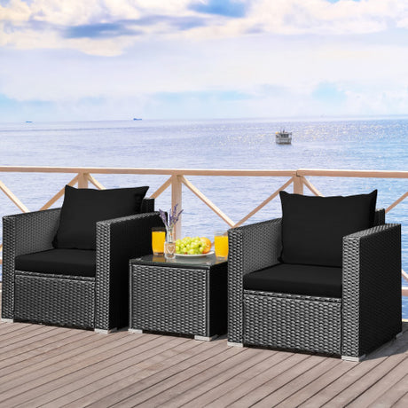 3 Pieces Patio Wicker Conversation Set with Cushion-Black