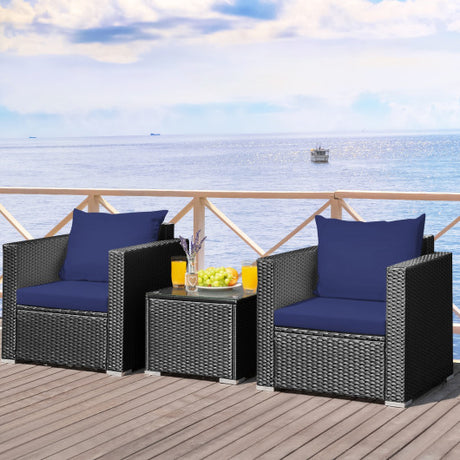 3 Pieces Patio Wicker Conversation Set with Cushion-Navy