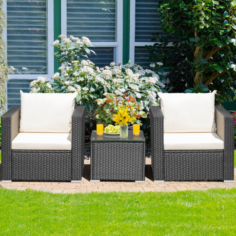 3 Pieces Patio Wicker Conversation Set with Cushion-White