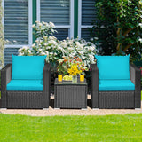 3 Pieces Patio Wicker Conversation Set with Cushion-Turquoise