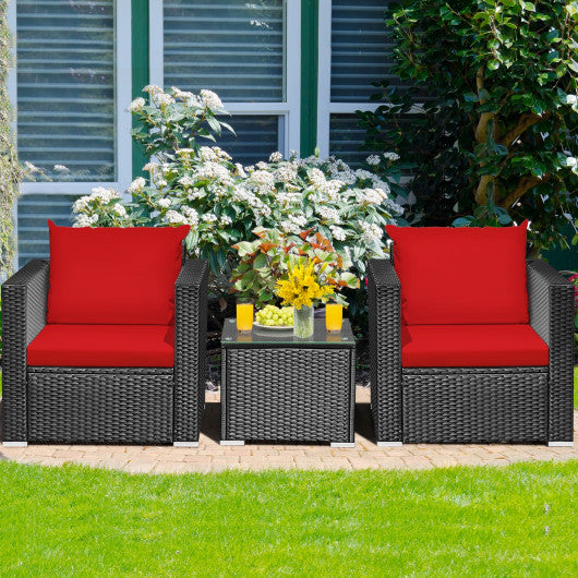 3 Pieces Patio Wicker Conversation Set with Cushion-Red