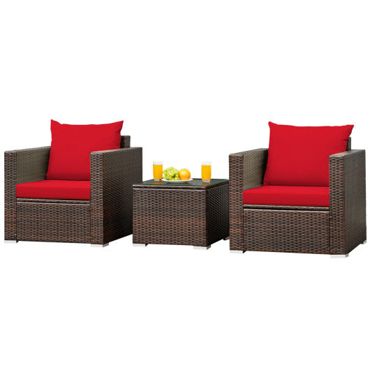 3 Pcs Patio Conversation Rattan Furniture Set with Cushion-Red