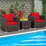 3 Pcs Patio Conversation Rattan Furniture Set with Cushion-Red