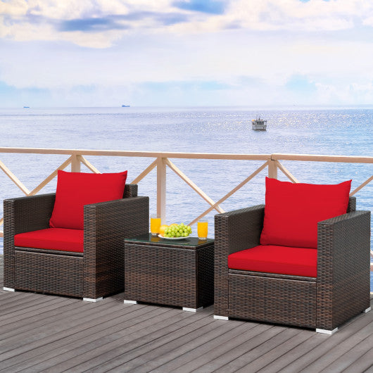 3 Pcs Patio Conversation Rattan Furniture Set with Cushion-Red