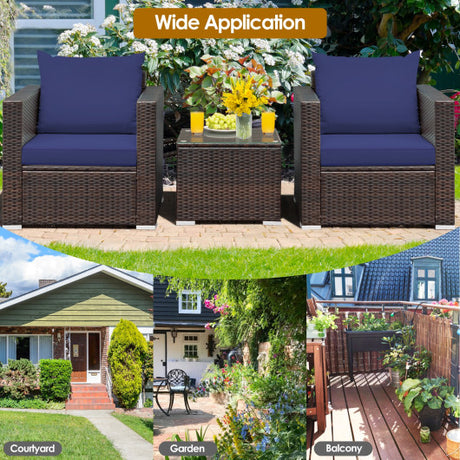 3 Pcs Patio Conversation Rattan Furniture Set with Cushion-Blue