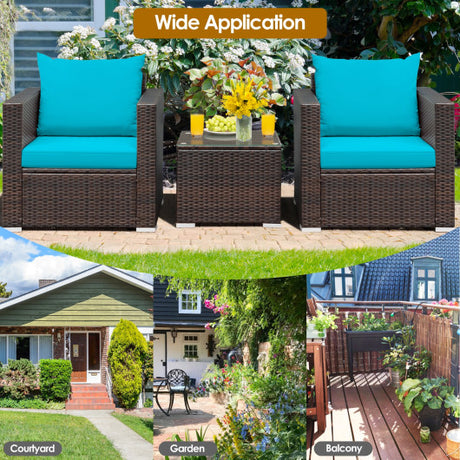 3 Pcs Patio Conversation Rattan Furniture Set with Cushion-Turquoise