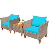 3 Pieces Patio Rattan Furniture Set with Washable Cushion for Yard Porch-Turquoise