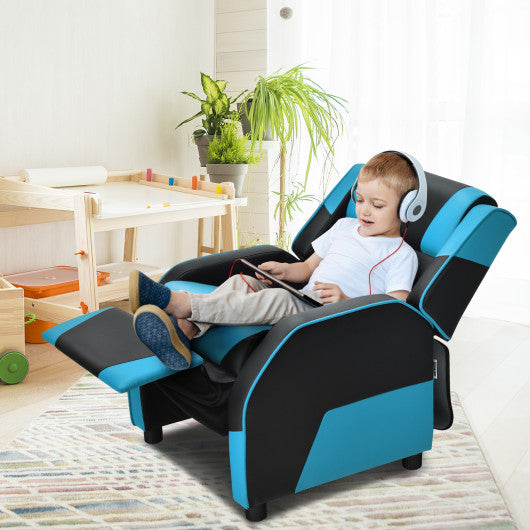 Kids Youth PU Leather Gaming Sofa Recliner with Headrest and Footrest-Blue